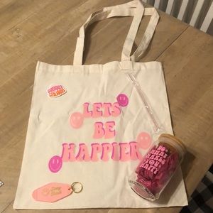 💕 Let’s Be Happier Gift Set 5 Bag Glass Cup w Pink Straw Keychain Sticker 💕